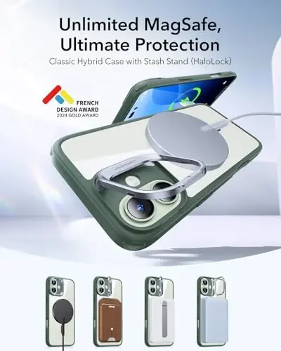 ESR for iPhone 16 Plus Case, Compatible with, Military-Grade Protective Case, Built-in Stash Stand Phone Case, Scratch-Resistant Back Cover, Classic Series, Clear Green - 3