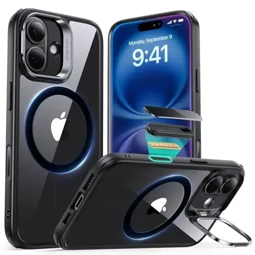 ESR for iPhone 16 Plus Case, Compatible with, Military-Grade Protective Case, Built-in Stash Stand Phone Case, Scratch-Resistant Back Cover, Classic Series, Clear Black - 1