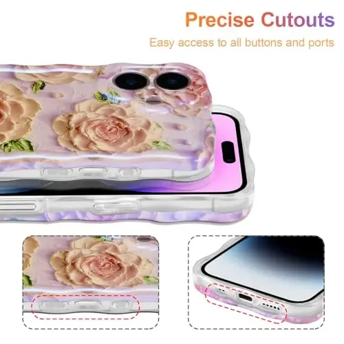 EYZUTAK Case for iPhone 16 Plus, Colorful Retro Oil Painting Flower Laser Glossy Pattern Cute Curly Wave Edge Exquisite Phone Cover Stylish Durable TPU Protective Case for Girl Women - Pink Peony - 5