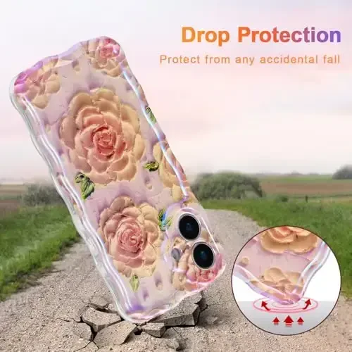 EYZUTAK Case for iPhone 16 Plus, Colorful Retro Oil Painting Flower Laser Glossy Pattern Cute Curly Wave Edge Exquisite Phone Cover Stylish Durable TPU Protective Case for Girl Women - Pink Peony - 3