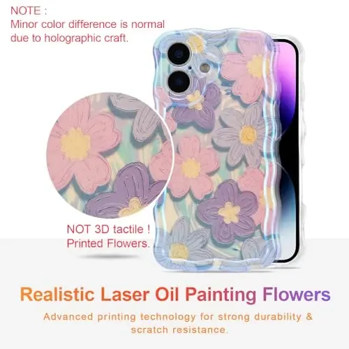 EYZUTAK Case for iPhone 16 Plus, Colorful Retro Oil Painting Flower Laser Glossy Pattern Cute Curly Wave Edge Exquisite Phone Cover Stylish Durable TPU Protective Case for Girls Women - Pink Purple - 2