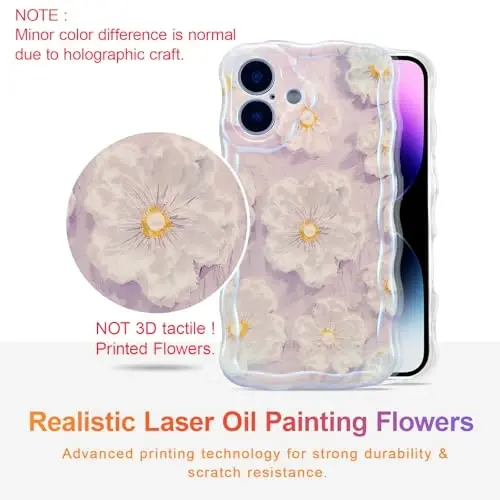 EYZUTAK Case for iPhone 16 Plus, Colorful Retro Oil Painting Flower Laser Glossy Pattern Cute Curly Wave Edge Exquisite Phone Cover Stylish Durable TPU Protective Case for Girl Women - Light Purple - EYZUTAK (1)