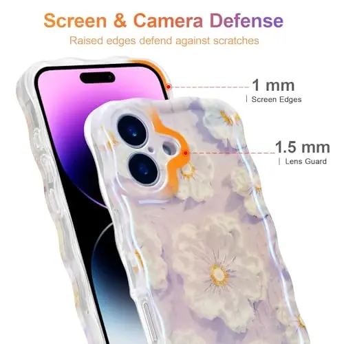 EYZUTAK Case for iPhone 16 Plus, Colorful Retro Oil Painting Flower Laser Glossy Pattern Cute Curly Wave Edge Exquisite Phone Cover Stylish Durable TPU Protective Case for Girl Women - Light Purple - 4