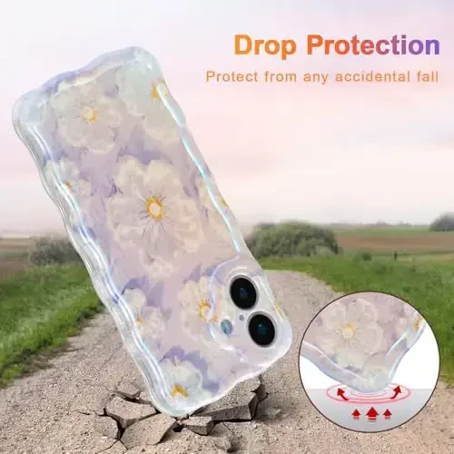 EYZUTAK Case for iPhone 16 Plus, Colorful Retro Oil Painting Flower Laser Glossy Pattern Cute Curly Wave Edge Exquisite Phone Cover Stylish Durable TPU Protective Case for Girl Women - Light Purple - 3