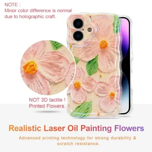 EYZUTAK Case for iPhone 16 Plus, Colorful Retro Oil Painting Flower Leaf Laser Glossy Pattern Cute Curly Waves Edge Exquisite Phone Cover Stylish Durable TPU Protective Case for Women - Pink Green - 2