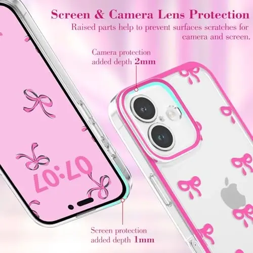 EYZUTAK Case for iPhone 16 Plus, Clear Cute Ribbon Bowknot Pattern Aesthetic Transparent Phone Case Raised Camera Protection Stylish Slim Soft Durable TPU Protective Cover for Women Girls - Rose Red - 2