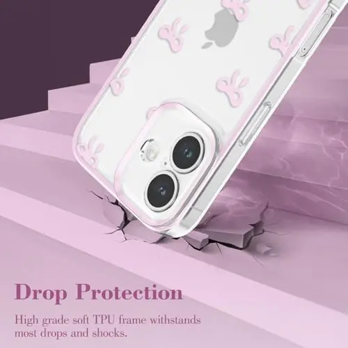 EYZUTAK Case for iPhone 16 Plus, Clear Cute Ribbon Bowknot Pattern Aesthetic Transparent Phone Case Raised Camera Protection Stylish Slim Soft Durable TPU Protective Cover for Women Girls - Pink - 7