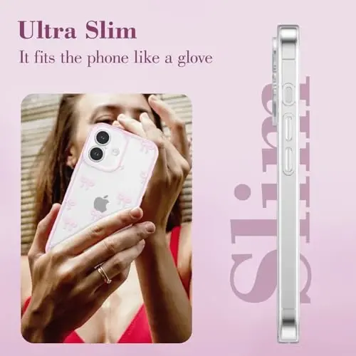 EYZUTAK Case for iPhone 16 Plus, Clear Cute Ribbon Bowknot Pattern Aesthetic Transparent Phone Case Raised Camera Protection Stylish Slim Soft Durable TPU Protective Cover for Women Girls - Pink - 8