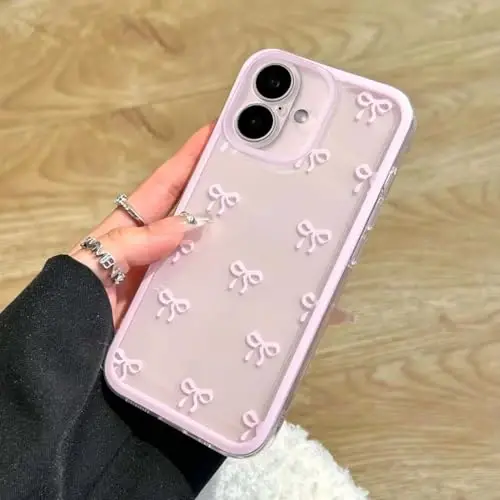 EYZUTAK Case for iPhone 16 Plus, Clear Cute Ribbon Bowknot Pattern Aesthetic Transparent Phone Case Raised Camera Protection Stylish Slim Soft Durable TPU Protective Cover for Women Girls - Pink - 1