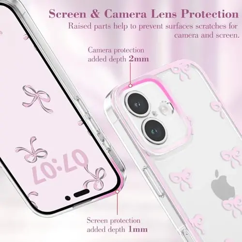 EYZUTAK Case for iPhone 16 Plus, Clear Cute Ribbon Bowknot Pattern Aesthetic Transparent Phone Case Raised Camera Protection Stylish Slim Soft Durable TPU Protective Cover for Women Girls - Pink - 2