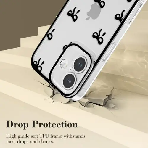 EYZUTAK Case for iPhone 16 Plus, Clear Cute Ribbon Bowknot Pattern Aesthetic Transparent Phone Case Raised Camera Protection Stylish Slim Soft Durable TPU Protective Cover for Women Girls - Black - 10