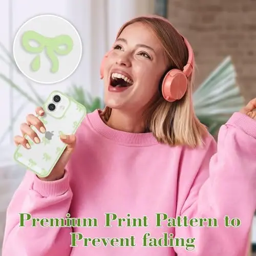 EYZUTAK Case for iPhone 16 Plus, Clear Cute Ribbon Bowknot Pattern Aesthetic Transparent Phone Case Raised Camera Protection Stylish Slim Soft Durable TPU Protective Cover for Women Girls - Green - 6