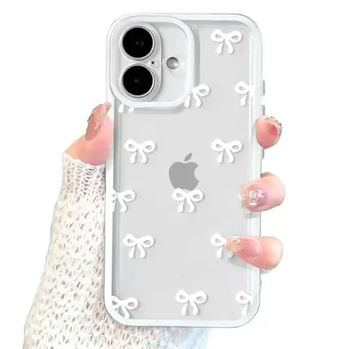 EYZUTAK Case for iPhone 16 Plus, Clear Cute Ribbon Bowknot Pattern Aesthetic Transparent Phone Case Raised Camera Protection Stylish Slim Soft Durable TPU Protective Cover for Women Girls - White - 1