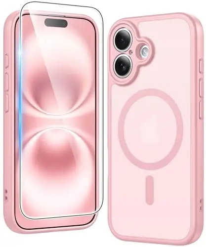 FNTCASE for iPhone 16 Plus Case: Matte Magnetic Phone Cases with Screen Protector Compatible with Magsafe Slim Anti Yellowing Rugged Shockproof Protective Translucent Cell Phone Cover (C-Pink) - FNTCASE