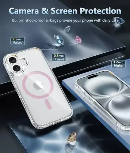 FNTCASE for iPhone 16 Plus Case: Anti Yellowing Clear Case Compatible with MagSafe - Military Grade Rugged Shockproof Drop Protective Transparent Cases (D-Pink) - 7