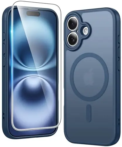 FNTCASE for iPhone 16 Plus Case: Matte Magnetic Phone Cases with Screen Protector Compatible with Magsafe Slim Anti Yellowing Rugged Shockproof Protective Translucent Cell Phone Cover (C-Blue) - 1