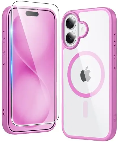 FNTCASE for iPhone 16 Plus Case: Clear Magnetic Phone Cases with Screen Protector Compatible with Magsafe Slim Anti Yellowing Rugged Shockproof Protective Transparent Cell Phone Cover (B-Pink) 