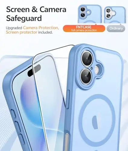 FNTCASE for iPhone 16 Plus Case [Compatible with Magsafe] Translucent Matte Cases with [Screen Protector] Military Grade Shockproof Protective Phone Cover - Light Blue - 4