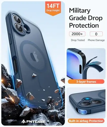 FNTCASE for iPhone 16 Plus Case, Fit for Magsafe, Screen Protector, Blue | Full Camera Protection, Translucent Matte, 14FT Military Grade Drop Proof, Shockproof Protective Phone Cove - 5