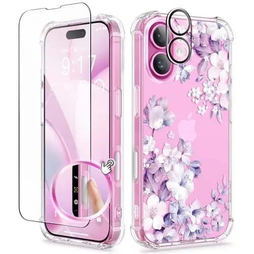 GVIEWIN for iPhone 16 Plus Case Floral, with Screen Protector&Camera Lens Protector,[Non Yellowing] Soft Shockproof Clear Phone Protective Cover Women, Flower Pattern Design 6.7