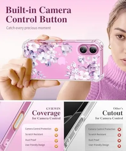 GVIEWIN for iPhone 16 Plus Case Floral, with Screen Protector&Camera Lens Protector,[Non Yellowing] Soft Shockproof Clear Phone Protective Cover Women, Flower Pattern Design 6.7