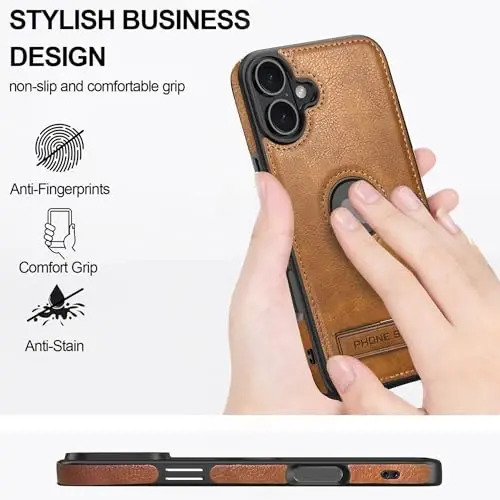 KSELF Leather Case for iPhone 16 Plus Case, Protective Slim with Kickstand Shockproof Phone Cases, Built-in Invisible Stand Compatible with iPhone 16 Plus 6.7'', Brown - 3
