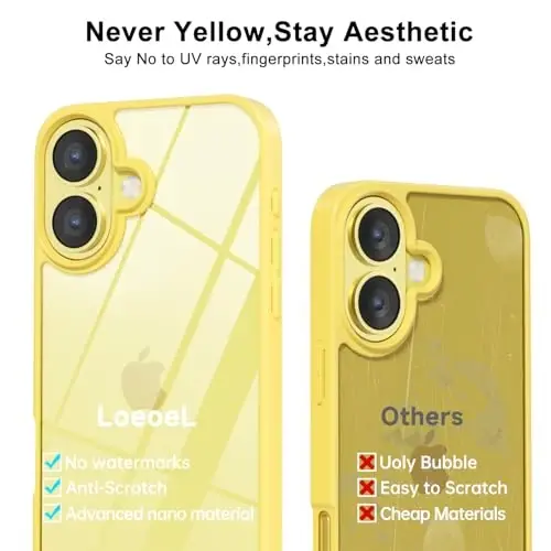 LoeoeL for iPhone 16 Plus Case Clear, Transparent Hybrid 16 Plus Phone Case [Hard Plastic & Soft Silicone Bumper] Acrylic Non Yellowing Thin Slim Protective Cover for Women, Yellow - 4