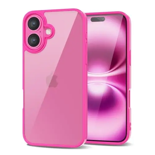 LoeoeL for iPhone 16 Plus Case Clear, Transparent Hybrid 16 Plus Phone Case [Hard Plastic & Soft Silicone Bumper] Acrylic Non Yellowing Thin Slim Protective Cover for Women, Neon Hot Pink - 1