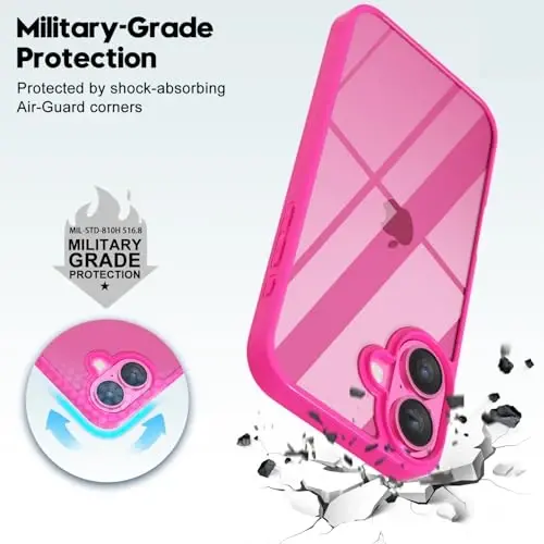 LoeoeL for iPhone 16 Plus Case Clear, Transparent Hybrid 16 Plus Phone Case [Hard Plastic & Soft Silicone Bumper] Acrylic Non Yellowing Thin Slim Protective Cover for Women, Neon Hot Pink - 6