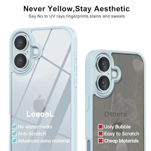 LoeoeL for iPhone 16 Plus Case Clear, Transparent Hybrid 16 Plus Phone Case [Hard Plastic & Soft Silicone Bumper] Acrylic Non Yellowing Thin Slim Protective Cover for Women, Light Blue - 4