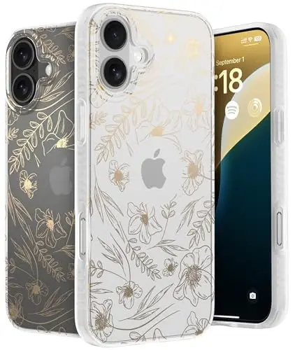 LONLI Hue Case for iPhone 16 Plus - [360° Shock-Absorbent Bumper] - [Cute and Unique Phone Cover for Girls and Women] - Gold Floral - 1