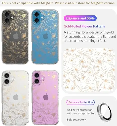 LONLI Hue Case for iPhone 16 Plus - [360° Shock-Absorbent Bumper] - [Cute and Unique Phone Cover for Girls and Women] - Gold Floral - 3