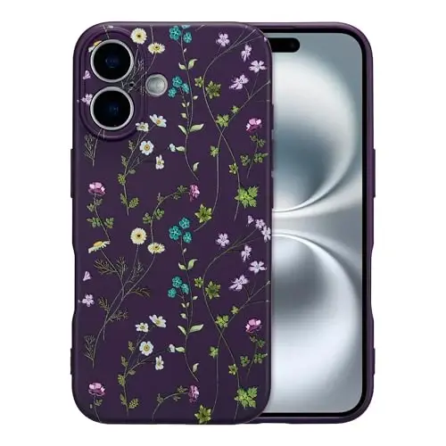 RALEAVO Floral Case for iPhone 16 Plus Silicone Cute Cover for Women,Purple | Cute Flowers Branches Pattern for Girls Women,Soft Liquid Silicone Cover,Slim Protective Phone Case for iPhone 16 Plus 6.7