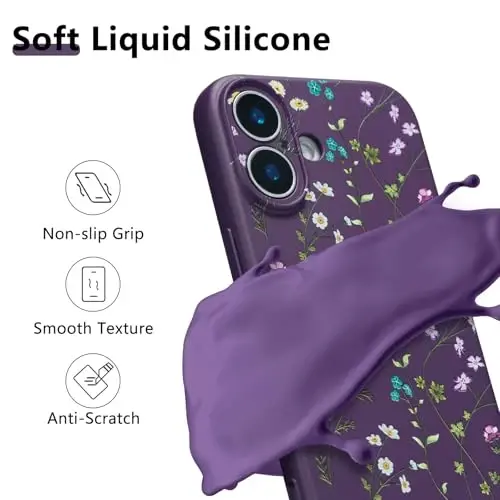 RALEAVO Floral Case for iPhone 16 Plus Silicone Cute Cover for Women,Purple | Cute Flowers Branches Pattern for Girls Women,Soft Liquid Silicone Cover,Slim Protective Phone Case for iPhone 16 Plus 6.7