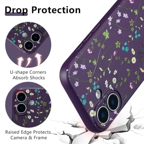 RALEAVO Floral Case for iPhone 16 Plus Silicone Cute Cover for Women,Purple | Cute Flowers Branches Pattern for Girls Women,Soft Liquid Silicone Cover,Slim Protective Phone Case for iPhone 16 Plus 6.7