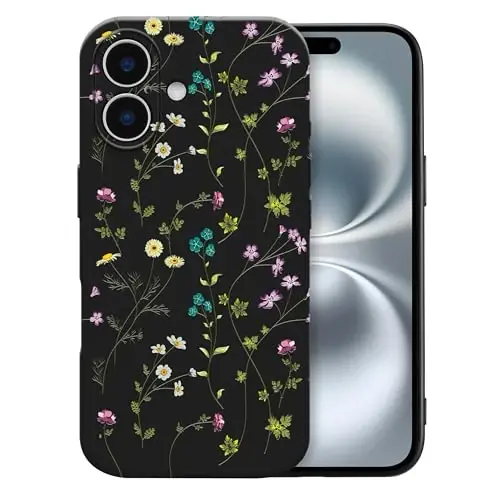 RALEAVO Floral Case for iPhone 16 Plus,Liquid Silicone Cover with Cute Flower Branch Pattern for Girls Women Slim Soft Rubber Protective Phone Case for iPhone 16 Plus (6.7