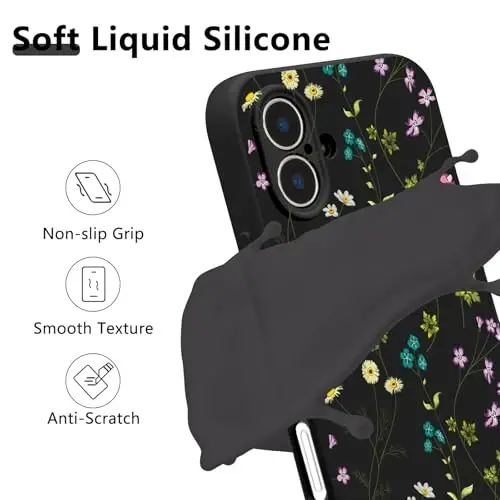 RALEAVO Floral Case for iPhone 16 Plus,Liquid Silicone Cover with Cute Flower Branch Pattern for Girls Women Slim Soft Rubber Protective Phone Case for iPhone 16 Plus (6.7