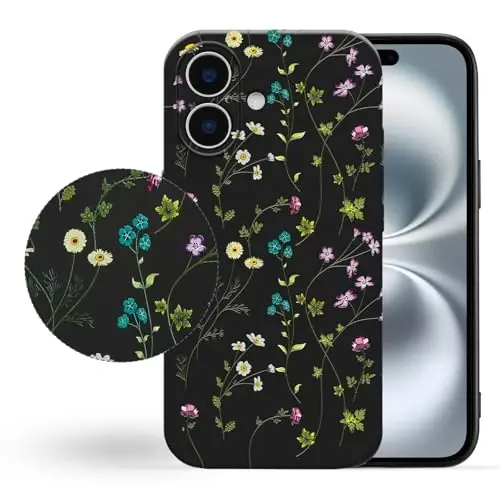 RALEAVO Floral Case for iPhone 16 Plus,Liquid Silicone Cover with Cute Flower Branch Pattern for Girls Women Slim Soft Rubber Protective Phone Case for iPhone 16 Plus (6.7