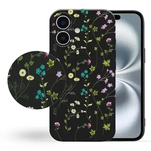 RALEAVO Floral Case for iPhone 16 Plus,Liquid Silicone Cover with Cute Flower Branch Pattern for Girls Women Slim Soft Rubber Protective Phone Case for iPhone 16 Plus (6.7