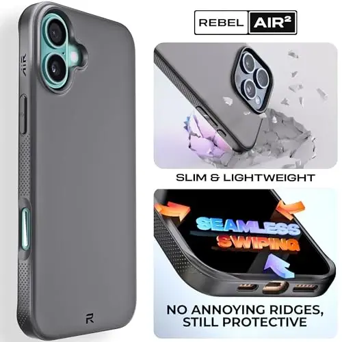 REBEL Air Case for iPhone 16 Plus [Air² Series] Compatible With MagSafe, Strong Magnets, Grippy Sides, Slim & Lightweight TPU Cover, Protective Corners, Raised Lens Ring, 6.7-in 16+ Phone 2024 (Black) - 2