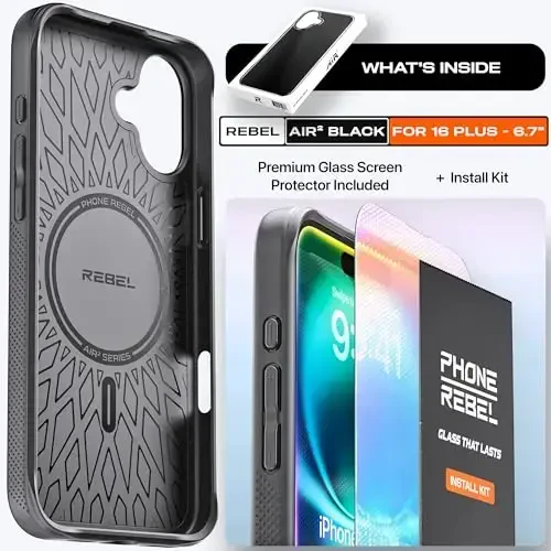 REBEL Air Case for iPhone 16 Plus [Air² Series] Compatible With MagSafe, Strong Magnets, Grippy Sides, Slim & Lightweight TPU Cover, Protective Corners, Raised Lens Ring, 6.7-in 16+ Phone 2024 (Black) - 6
