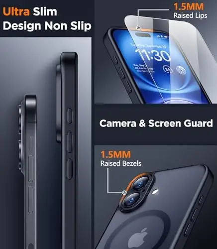 SPIDERCASE Magnetic for iPhone 16 Plus Case,with 2 Pcs [Tempered Glass Screen Protector] Translucent Matte Back Slim Shockproof Protective Phone Case for iPhone 16 Plus 6.7'',Black - 3