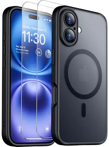SPIDERCASE Magnetic for iPhone 16 Plus Case,with 2 Pcs [Tempered Glass Screen Protector] Translucent Matte Back Slim Shockproof Protective Phone Case for iPhone 16 Plus 6.7'',Black - 1