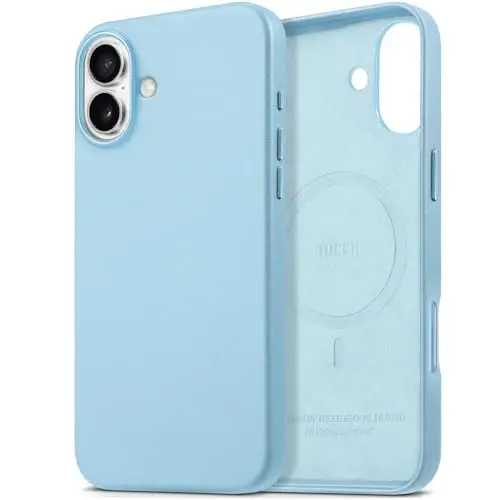 TUCCH Case for iPhone 16 Plus, [Magnetic Wireless Charging] Anti-Slip PU Leather Shockproof Phone Case, Slim Anti-Fingerprint Lightweight Protective Back Cover Compatible with iPhone 16 Plus, Sky Blue 