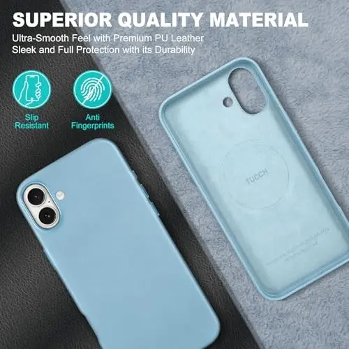 TUCCH Case for iPhone 16 Plus, [Magnetic Wireless Charging] Anti-Slip PU Leather Shockproof Phone Case, Slim Anti-Fingerprint Lightweight Protective Back Cover Compatible with iPhone 16 Plus, Sky Blue - 4