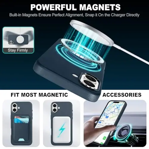TUCCH Magnetic Case for iPhone 16 Plus, Wireless Charging PU Leather Anti-Slip Protective Back Cover, Slim Anti-Fingerprint Lightweight Shockproof Phone Case Compatible with iPhone 16 Plus, Blue - 3