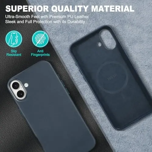 TUCCH Magnetic Case for iPhone 16 Plus, Wireless Charging PU Leather Anti-Slip Protective Back Cover, Slim Anti-Fingerprint Lightweight Shockproof Phone Case Compatible with iPhone 16 Plus, Blue - 4