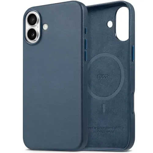 TUCCH Magnetic Case for iPhone 16 Plus, Wireless Charging PU Leather Anti-Slip Protective Back Cover, Slim Anti-Fingerprint Lightweight Shockproof Phone Case Compatible with iPhone 16 Plus, Blue - 1