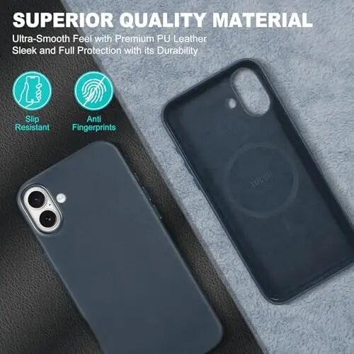 TUCCH Magnetic Case for iPhone 16 Plus, Wireless Charging PU Leather Anti-Slip Protective Back Cover, Slim Anti-Fingerprint Lightweight Shockproof Phone Case Compatible with iPhone 16 Plus, Blue - 4