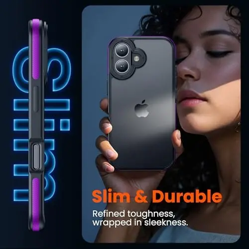 Yriklso for iPhone 16 Plus Phone Case, Shockproof for iPhone 16 Plus Case, Military Grade Drop Protection, Protective Hard Back Slim Translucent Case, Purple Bumper - 5